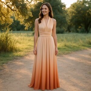 Boutique A-Line Crisscross Back Ombre Engagement Prom Dress Beige Orange